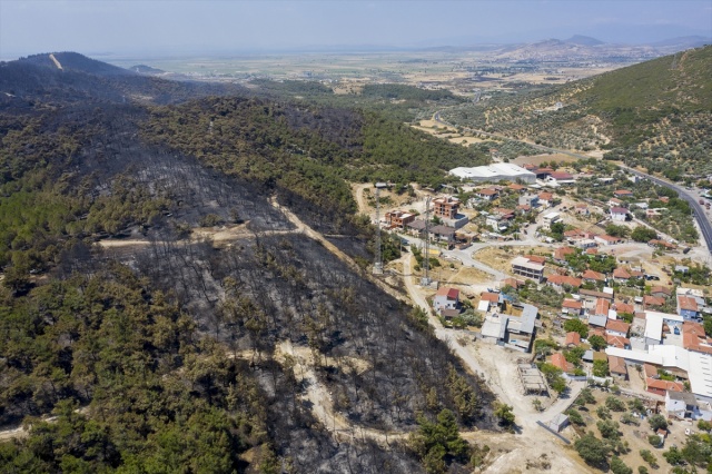 Foça'daki yangında hasar gören bölge havadan görüntülendi