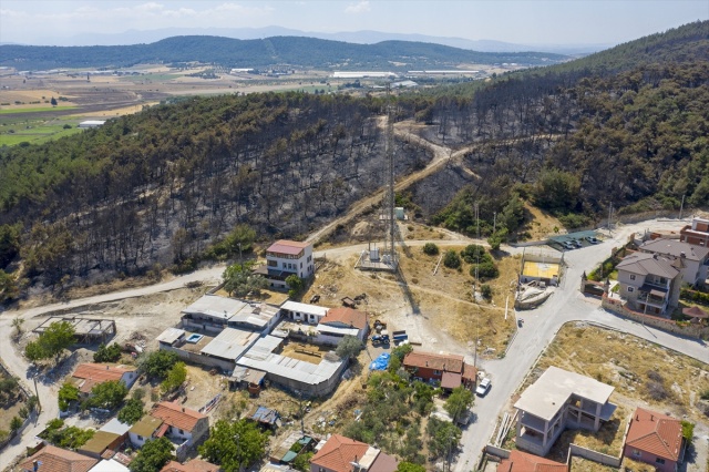 Foça'daki yangında hasar gören bölge havadan görüntülendi