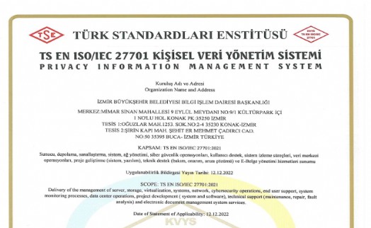 İzmir Büyükşehir Belediyesi ISO 27701 standardına sahip oldu