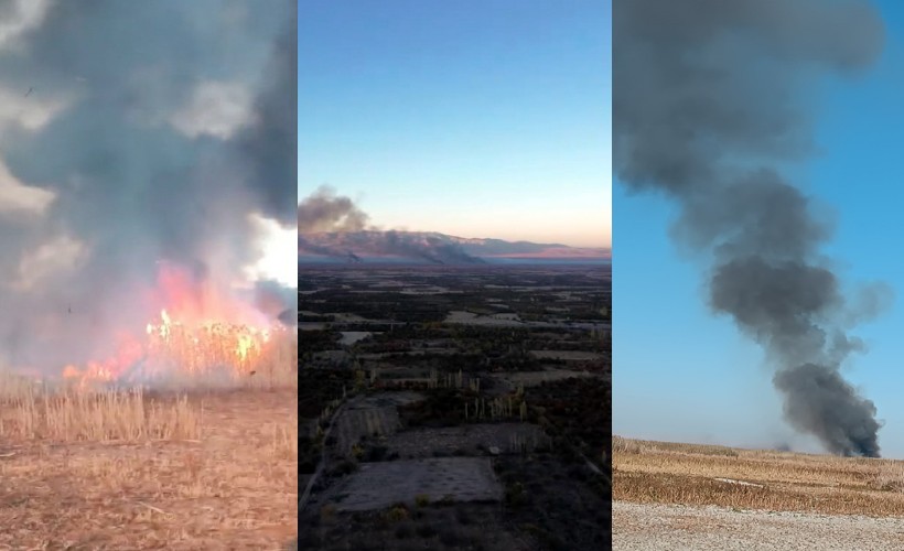 Eber Gölü'ndeki sazlık yangınına havadan müdahale