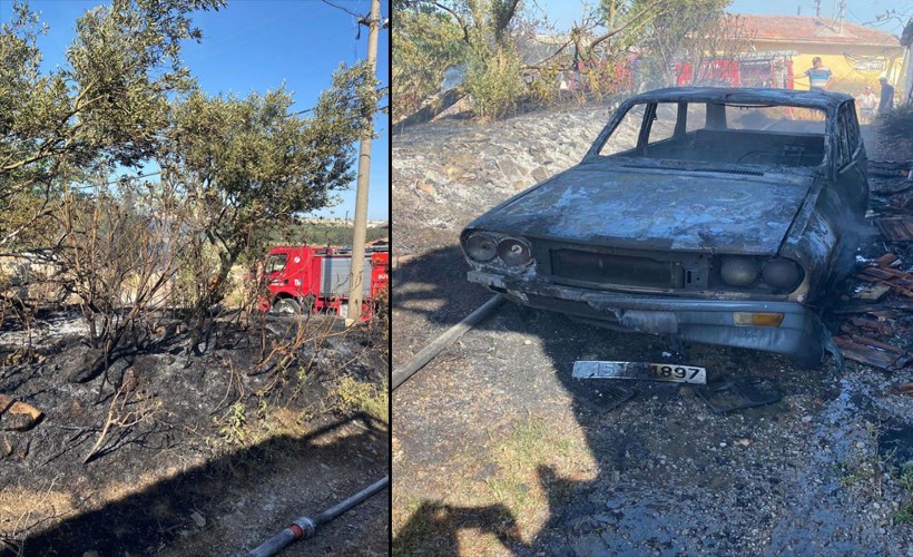 Otlukta çıkan yangın, park halindeki otomobile de sıçradı