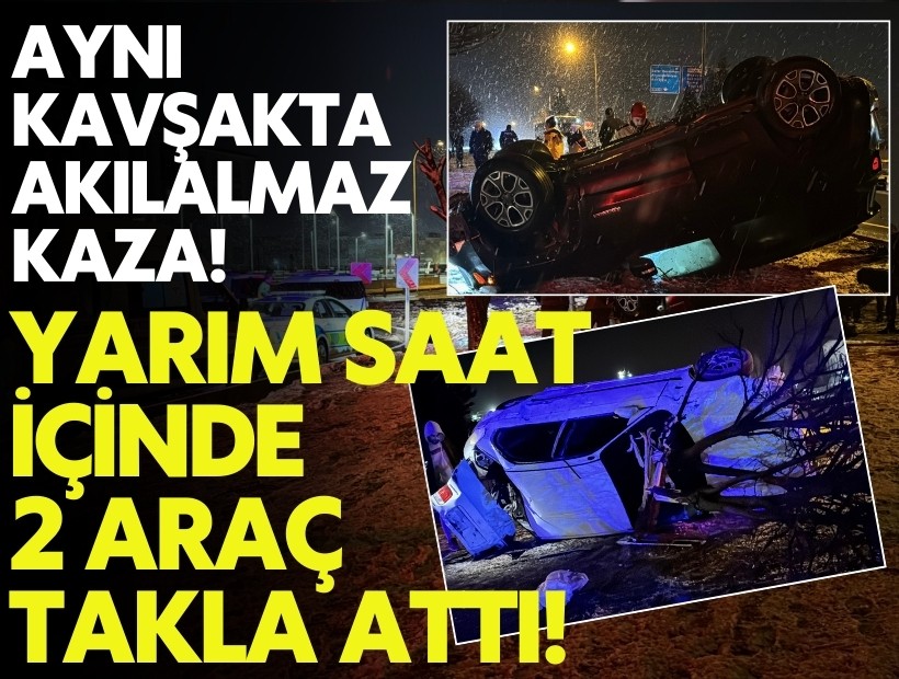 Aynı kavşakta yarım saat içinde 2 araç takla attı! 3 yaralı