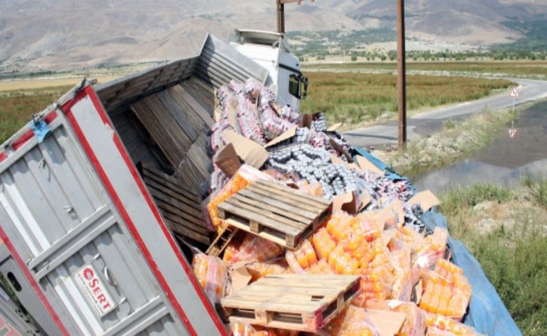 TIR şarampole devrildi, içecekler yola dağıldı